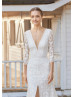 Three Quarter Sleeves Ivory Lace Sexy Slit Wedding Dress